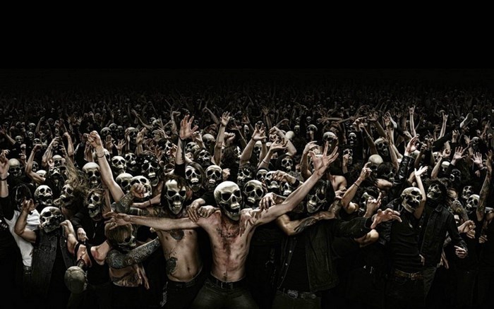 Crowd of people wearing skull masks