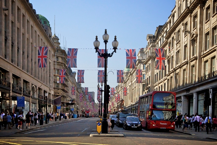London street decorated with Union Jack flags