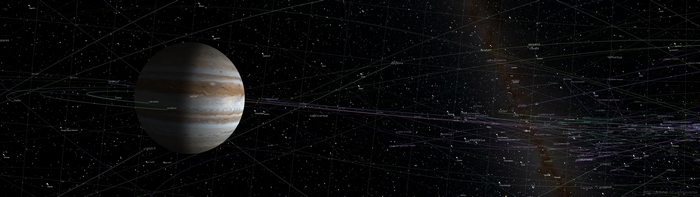 Jupiter and its orbital paths in space