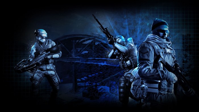 Three soldiers with weapons in a blue-lit environment