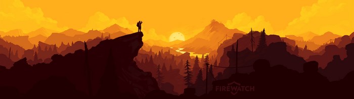 Firewatch game art with person on cliff at sunset