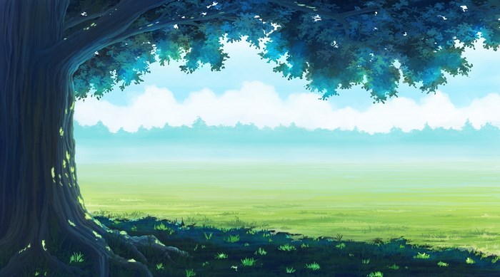 A large tree in a grassy field under a blue sky
