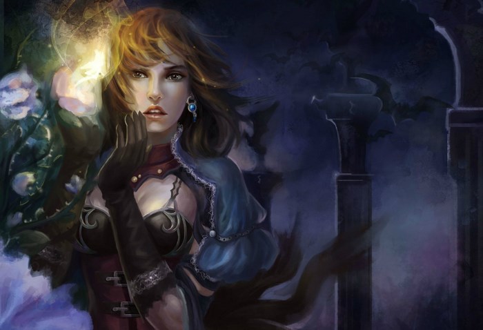 Woman with glowing flower in dark setting