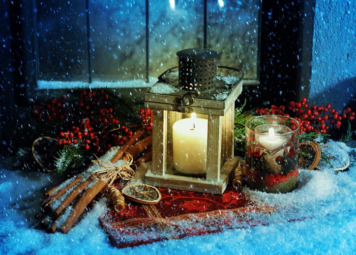 Cozy Winter Lantern with Candle and Festive Decorations