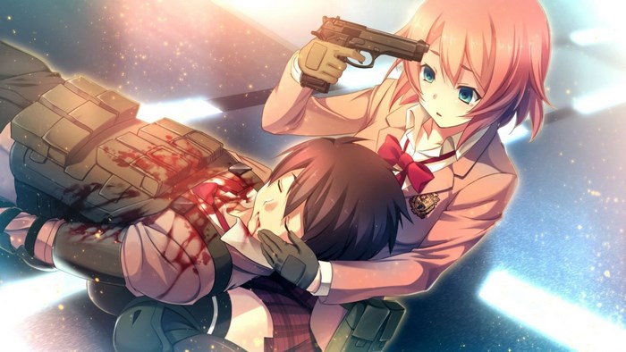 Girl holding a gun to a wounded person