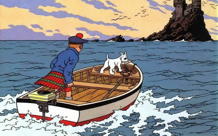 Tintin and Snowy in a boat near a castle