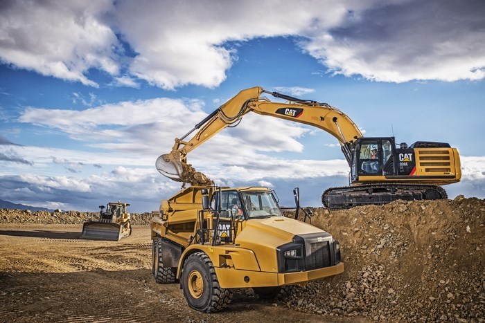Caterpillar excavators and dump truck in a quarry