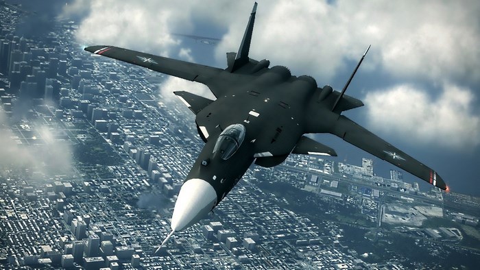 Sukhoi Su-47 Berkut flying over a city