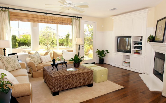 Living room with fireplace and entertainment center