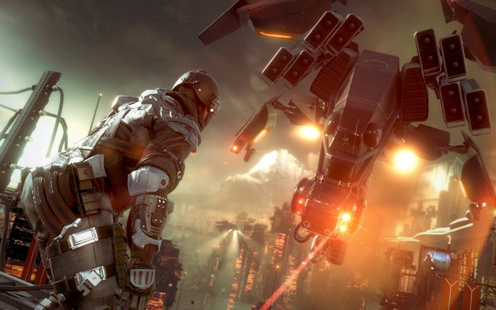 Soldier fighting a mech in Killzone Shadow Fall