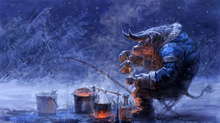 Tauren from World of Warcraft fishing in winter