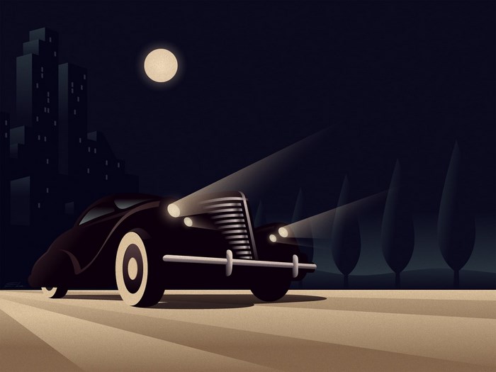 Art Deco car driving at night with city skyline