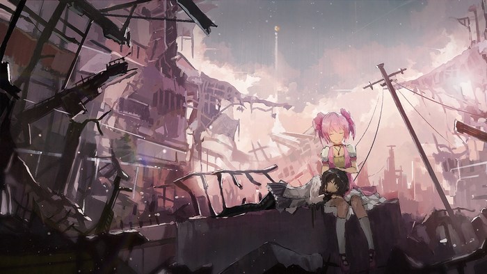 Madoka Magica characters in ruined city