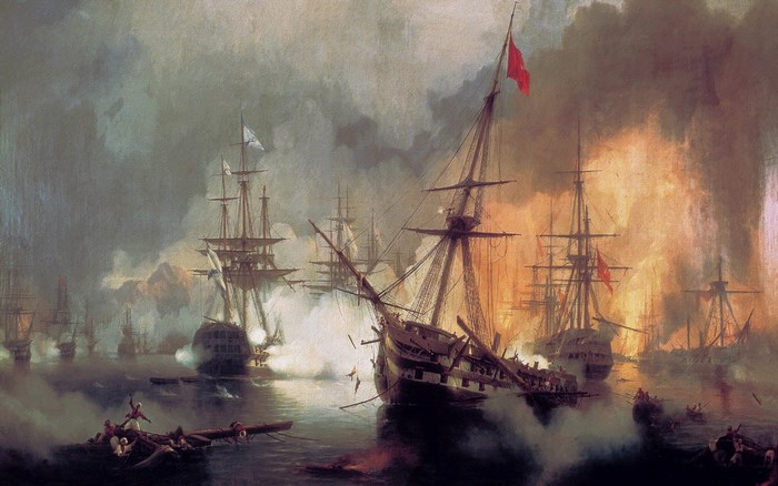 Naval battle with burning ships
