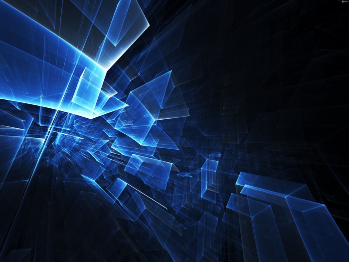 Abstract blue geometric shapes in dark space