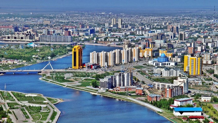 Astana cityscape with river and modern buildings