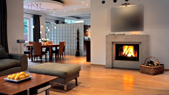 Modern living room with fireplace and dining area