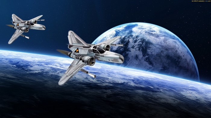 Two sci-fi spaceships flying near Earth