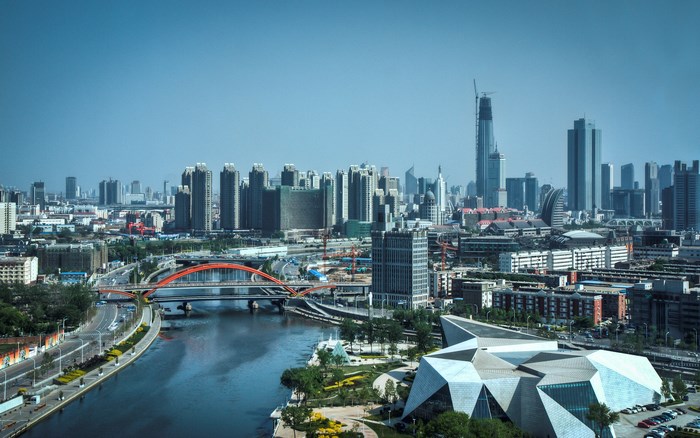 Tianjin cityscape with river and modern architecture