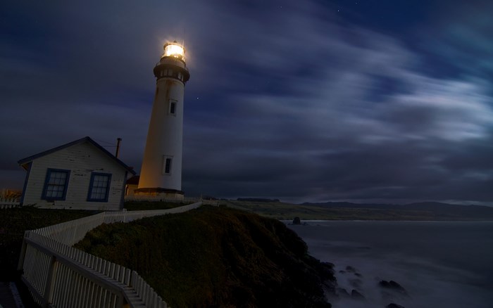 Lighthouse on a cliff at night