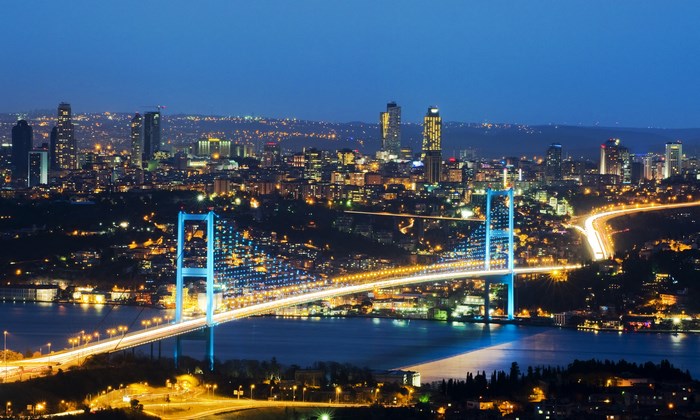 Bosphorus Bridge at night, Istanbul skyline