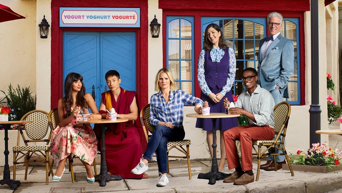 The Good Place cast at a yogurt shop
