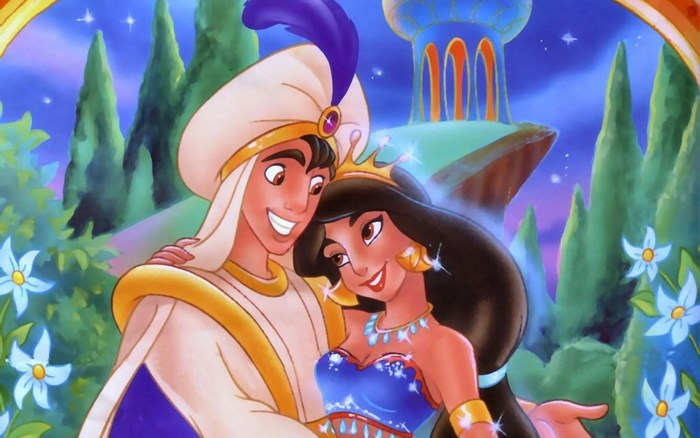Aladdin and Jasmine in a garden