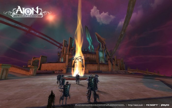 Aion The Tower of Eternity characters in front of a glowing tower