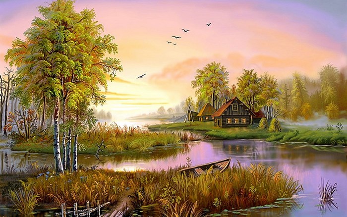 Painting of a rural landscape with houses and a river