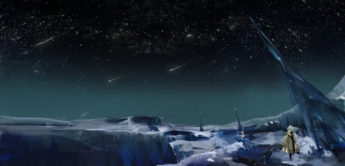 Girl in a snowy landscape under a starry sky