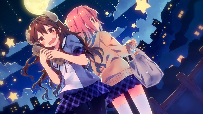 Shamiko and Momo from Machikado Mazoku at night
