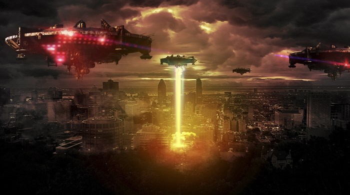 Alien invasion over a city with UFOs and beams