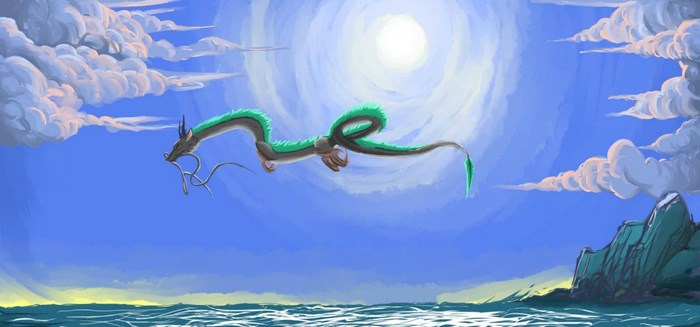 Haku the Dragon from Spirited Away flying in the sky