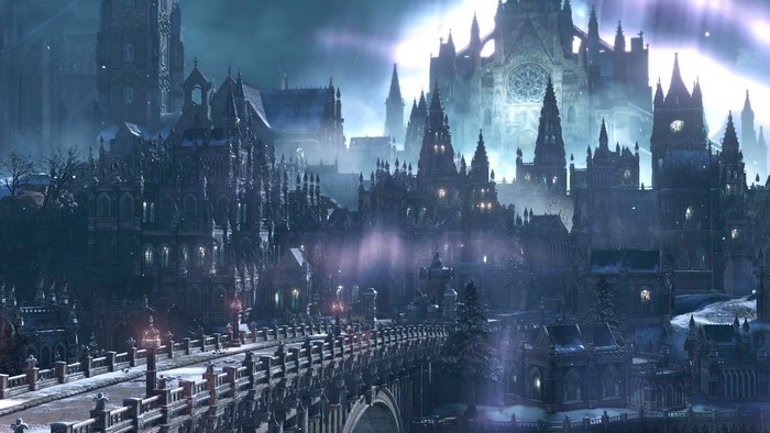 Dark Souls III Gothic Cityscape with Bridge