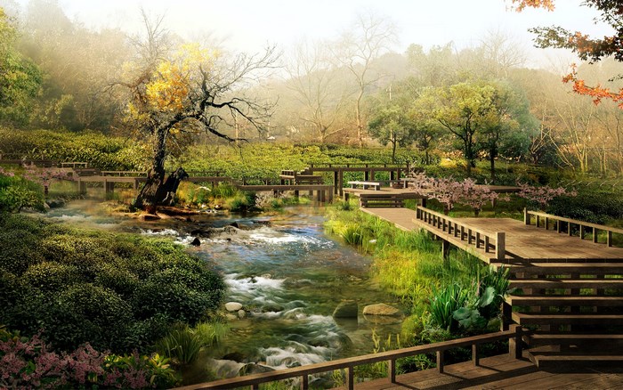 A tranquil Japanese garden with a flowing river and wooden walkways