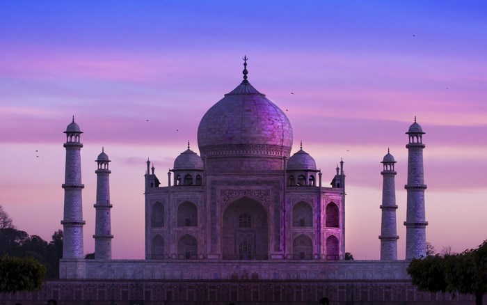 Taj Mahal at sunset with purple sky