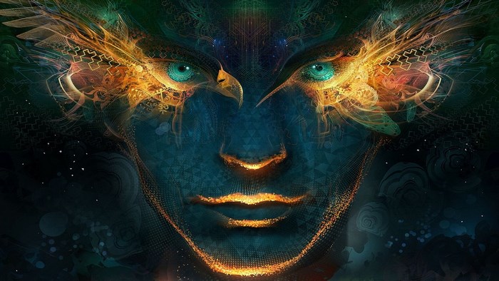 Surreal face with eagle eyes and glowing lips
