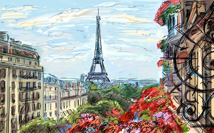 Parisian street view with Eiffel Tower and flowers