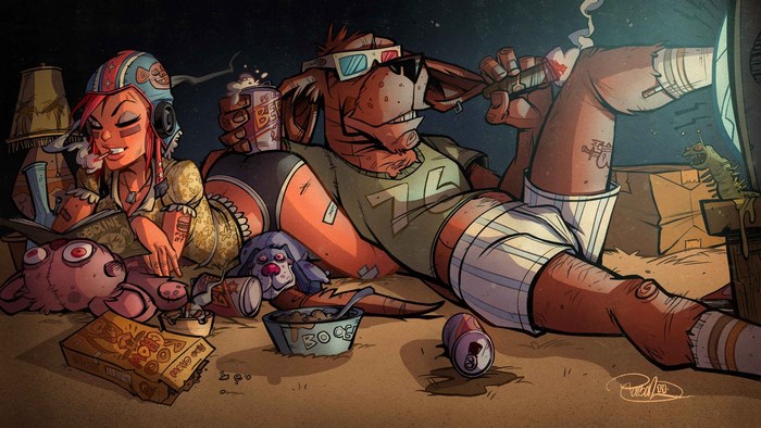 Tank Girl and mutant dog relax with drinks and cigarettes