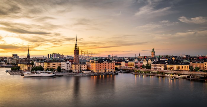 Stockholm cityscape at sunset with Gamla Stan buildings