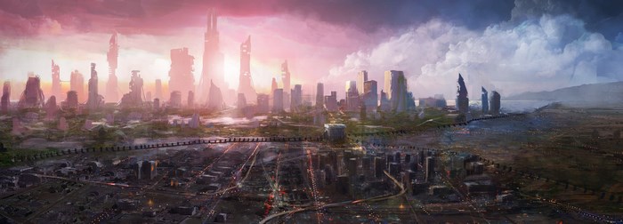Futuristic city skyline at sunrise