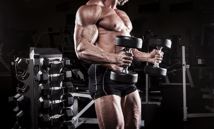 Bodybuilder lifting dumbbells in a gym
