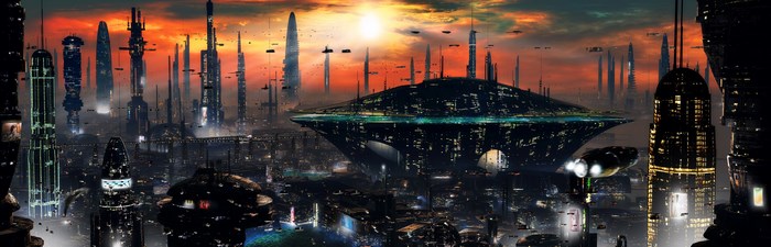 Futuristic city skyline at sunset