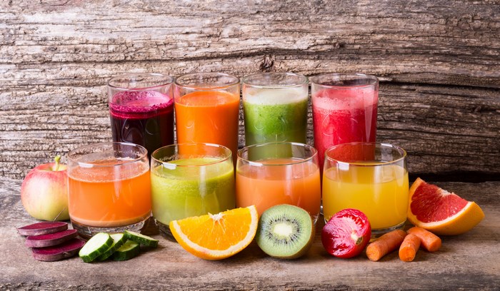 Colorful Fresh Vegetable and Fruit Juices
