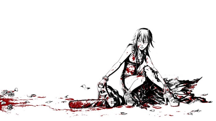 Woman with chainsaw covered in blood