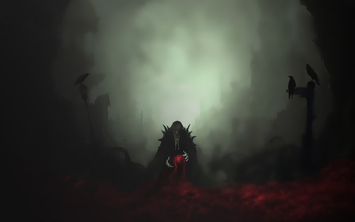 Vampire in a dark, foggy city with crows