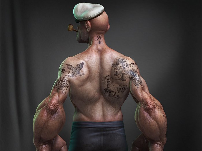 Stylized Muscular Popeye Character with Tattoos