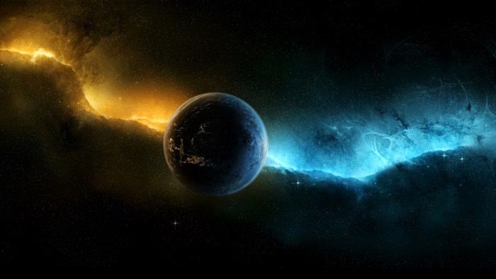 Planet in a nebula with orange and blue clouds