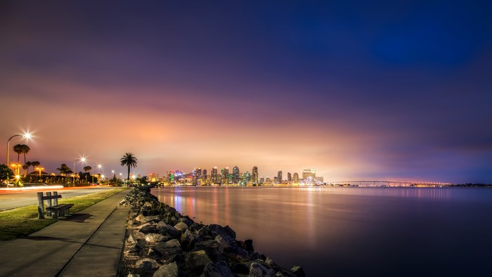 San Diego skyline at dusk with a waterfront promenade