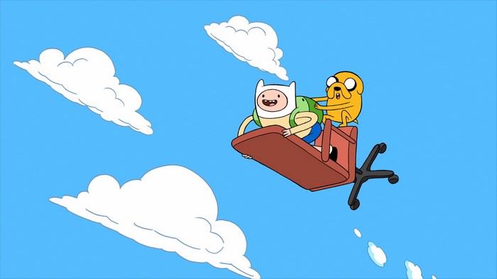 Finn and Jake from Adventure Time flying on a chair